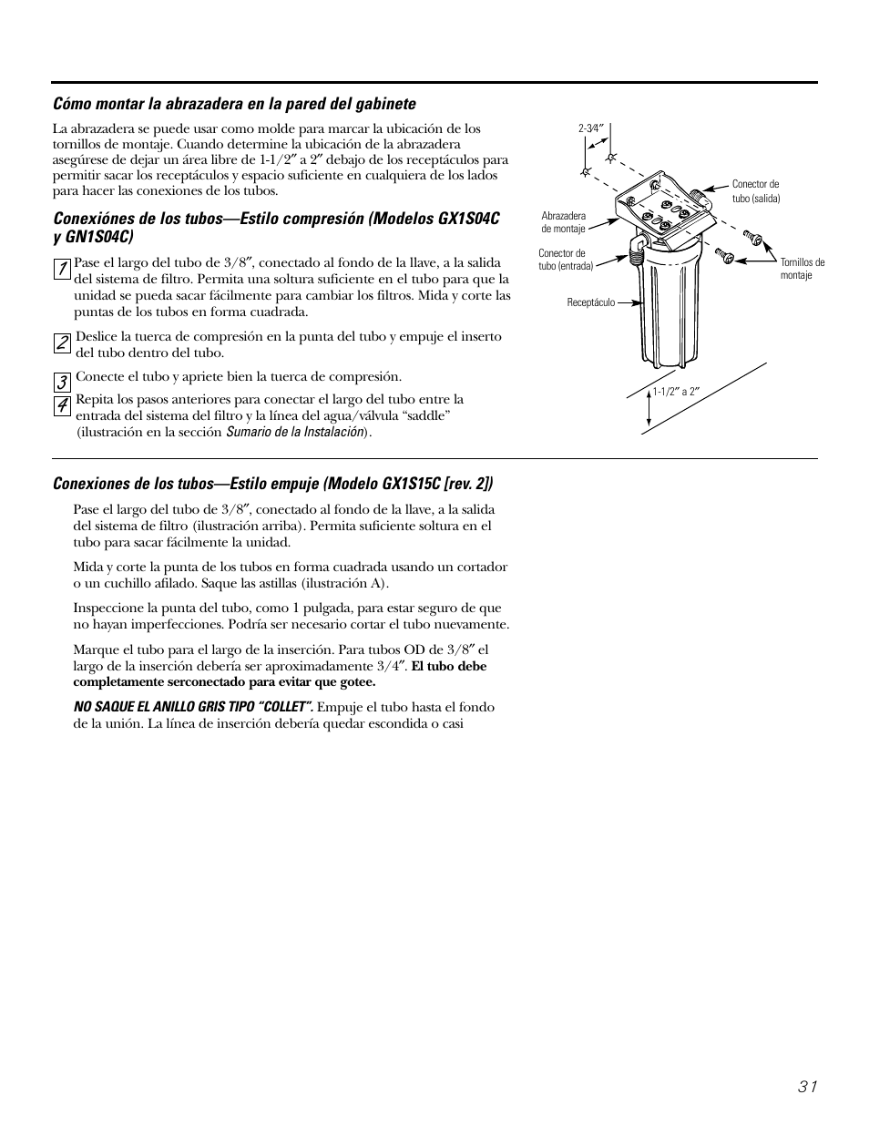 Conexiones de los tubos, Montaje sobre la pared | GE GX1S04C User Manual | Page 31 / 36