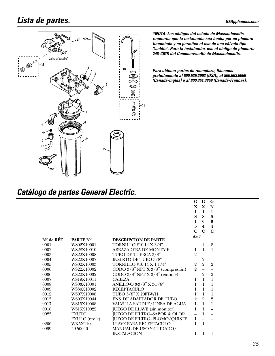 Lista/catálogo de partes, Lista de partes, Catálogo de partes general electric | GE GX1S04C User Manual | Page 35 / 36