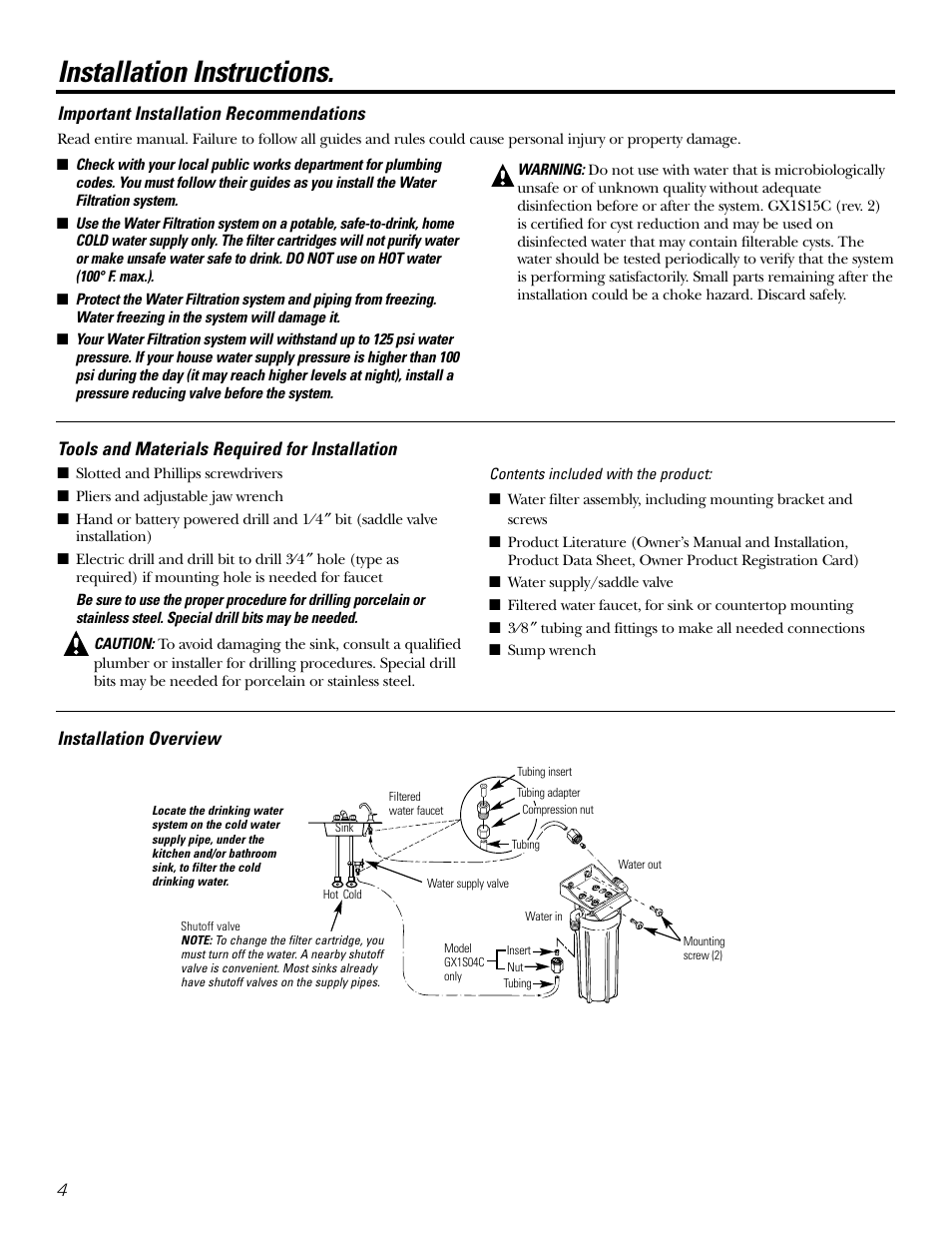 Important recommendations, Tools/materials required, Installation instructions | Important installation recommendations | GE GX1S04C User Manual | Page 4 / 36