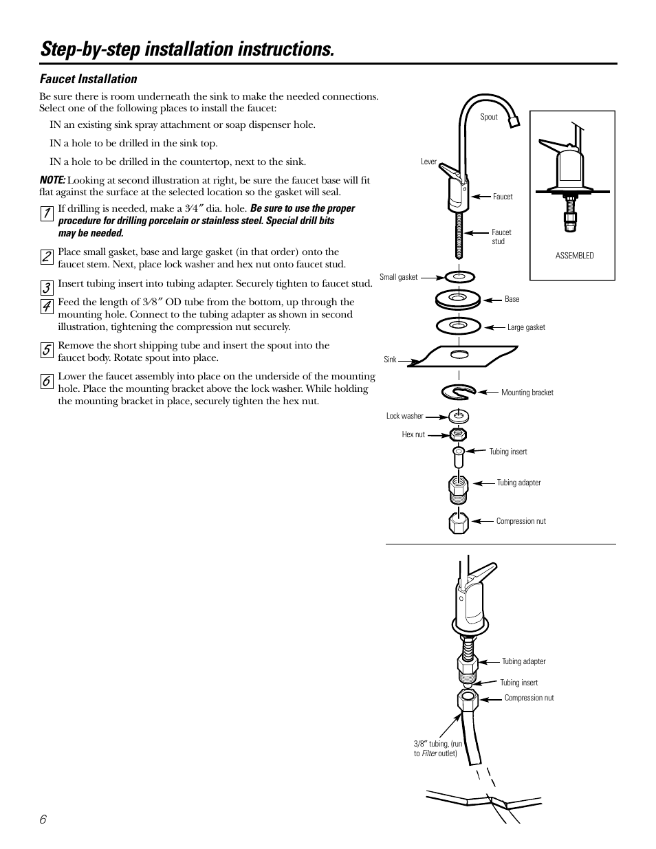 Faucet installation, Step-by-step instructions, Step-by-step instructions , 7 | Step-by-step installation instructions | GE GX1S04C User Manual | Page 6 / 36