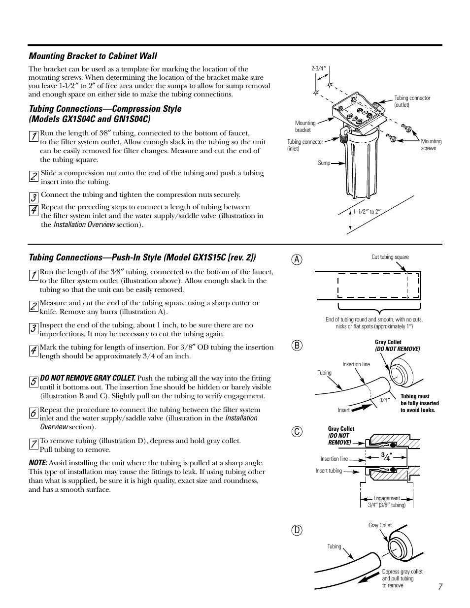 Tubing connections, Wall mounting, Tubing connections wall mounting | GE GX1S04C User Manual | Page 7 / 36