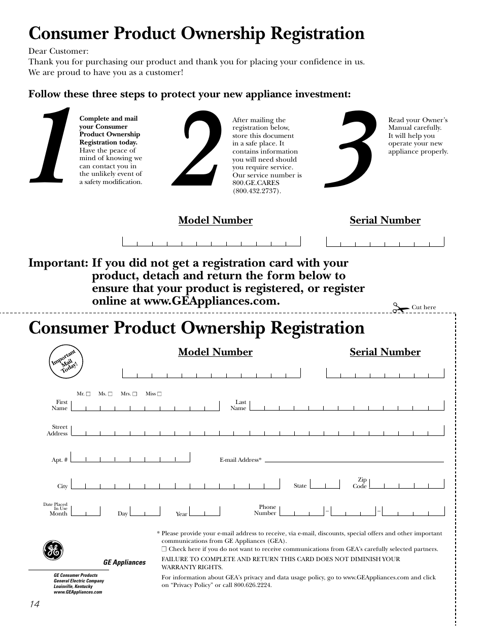 Consumer product ownership registration, Model number serial number | GE DBB5500 User Manual | Page 14 / 16
