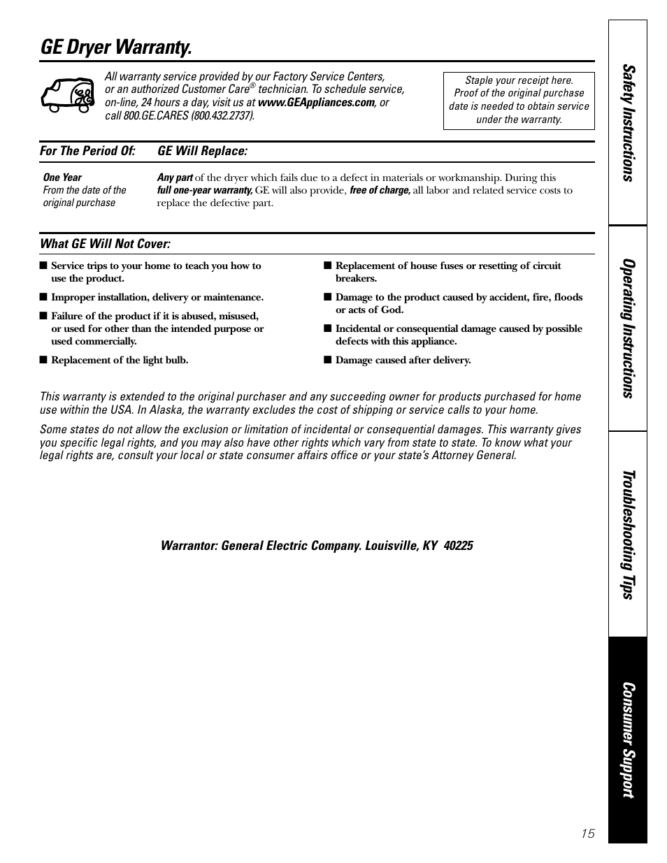 Warranty, Ge dryer warranty | GE DBB5500 User Manual | Page 15 / 16