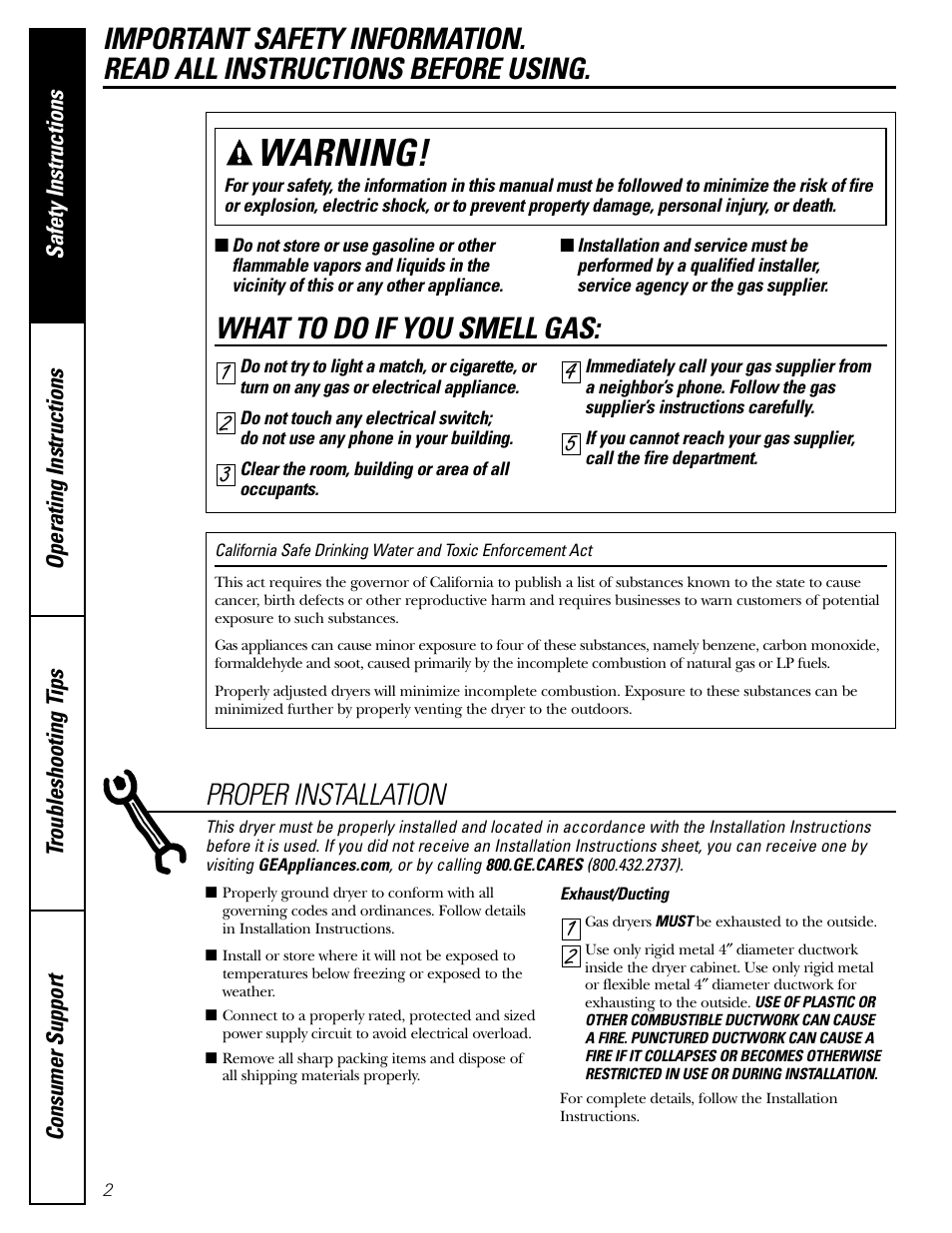 Safety instructions, Warning, What to do if you smell gas | Proper installation | GE DBB5500 User Manual | Page 2 / 16