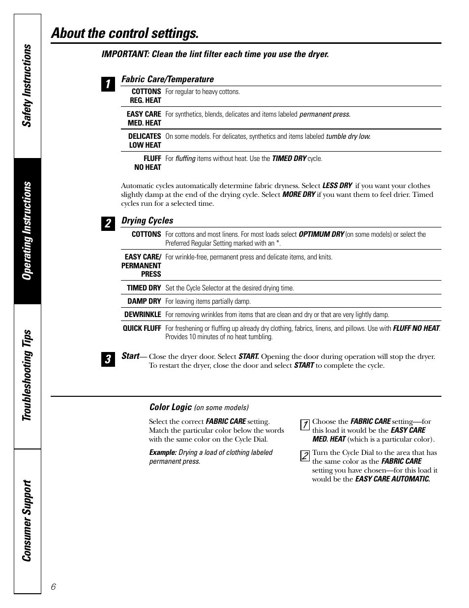 Control settings, About the control settings | GE DBB5500 User Manual | Page 6 / 16
