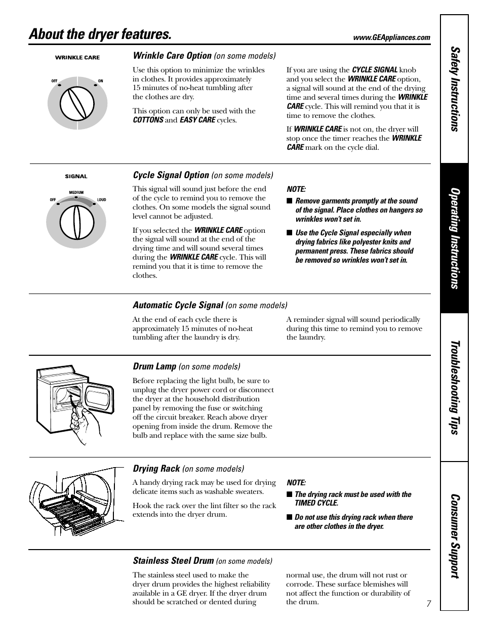 About the dryer features | GE DBB5500 User Manual | Page 7 / 16