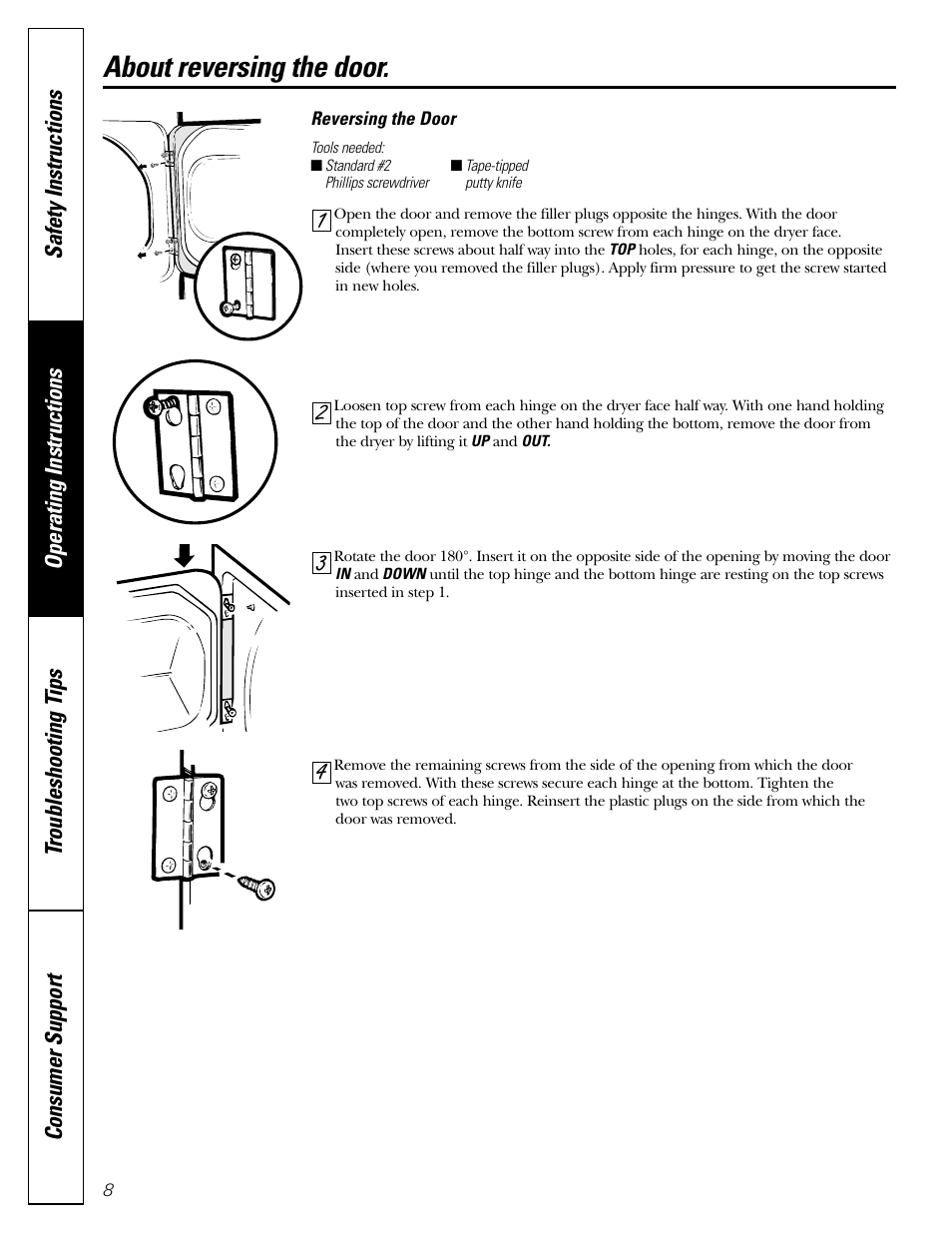 Reversing the door, About reversing the door | GE DBB5500 User Manual | Page 8 / 16