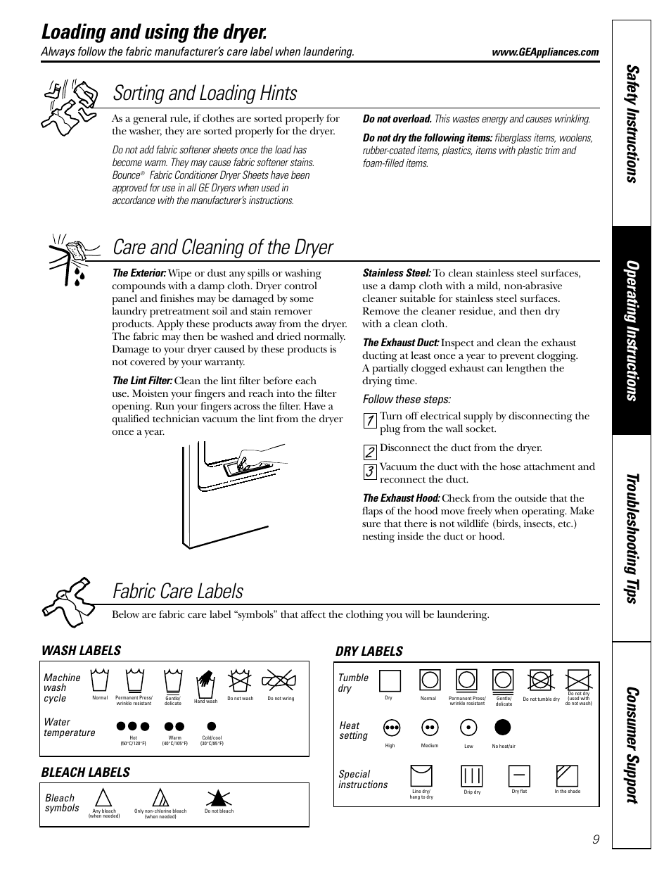 Loading and using the dryer, Sorting and loading hints, Fabric care labels | 32 1 care and cleaning of the dryer, Wash labels dry labels bleach labels 9, Follow these steps | GE DBB5500 User Manual | Page 9 / 16