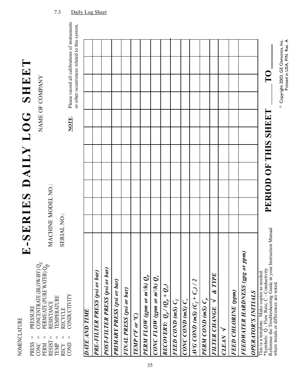 E-series dail y log sheet, Period of this sheet t o | GE E4H-CE Series User Manual | Page 40 / 45