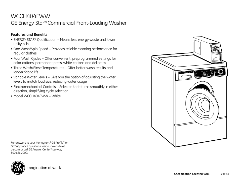 Wcch404fww, Ge energy star, Commercial front-loading washer wcch404vww.eps | GE Energy Star WCCH404FWW User Manual | Page 2 / 2