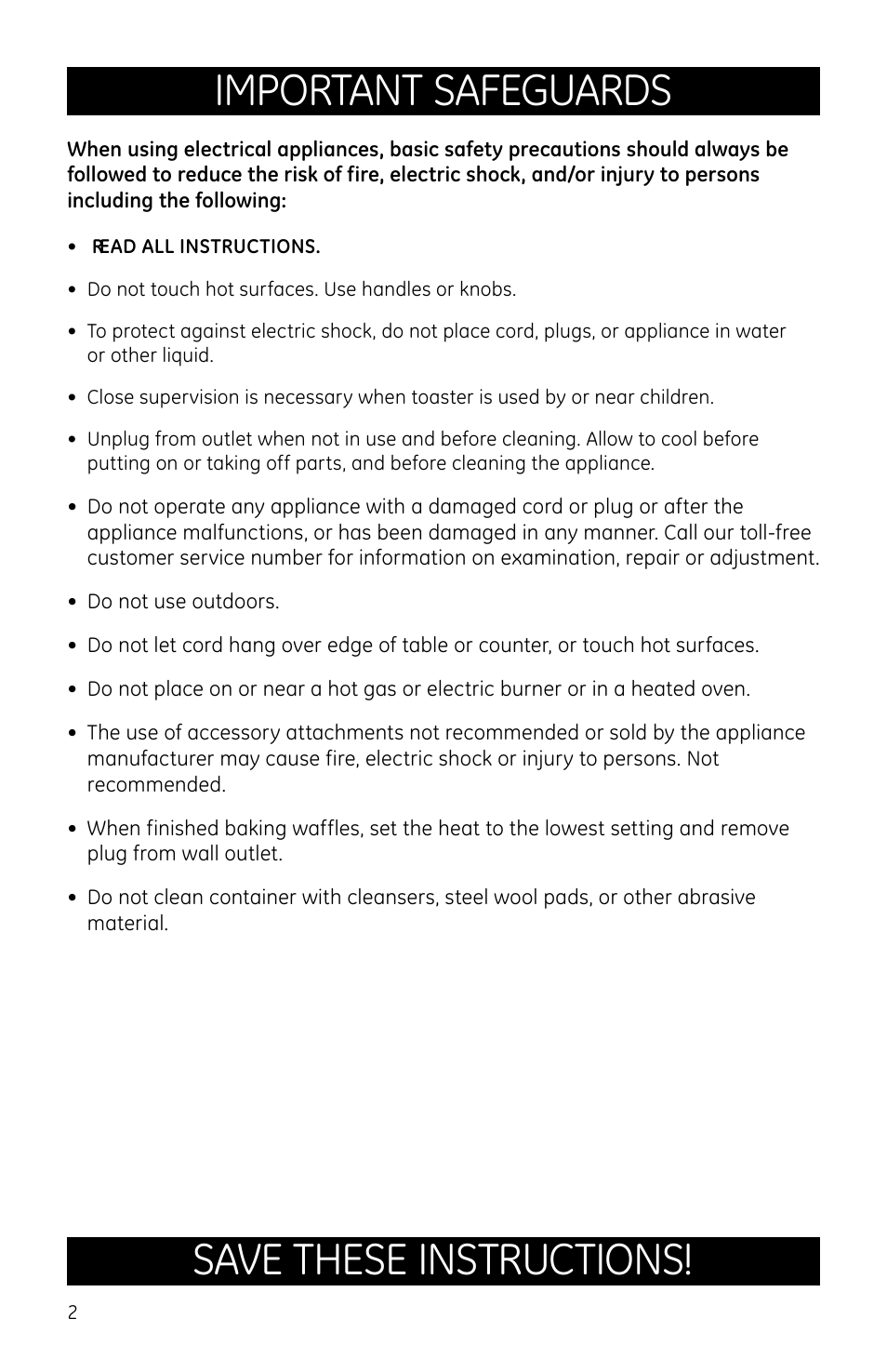 Important safeguards, Save these instructions | GE 169093 User Manual | Page 2 / 8