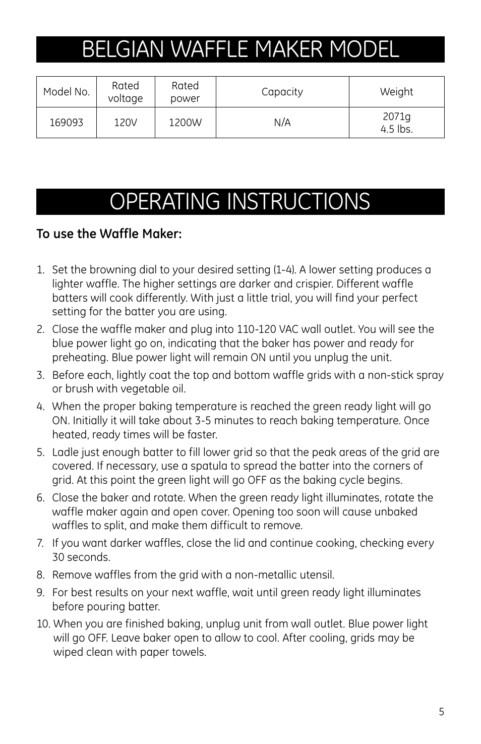 Operating instructions, Belgian waffle maker model | GE 169093 User Manual | Page 5 / 8