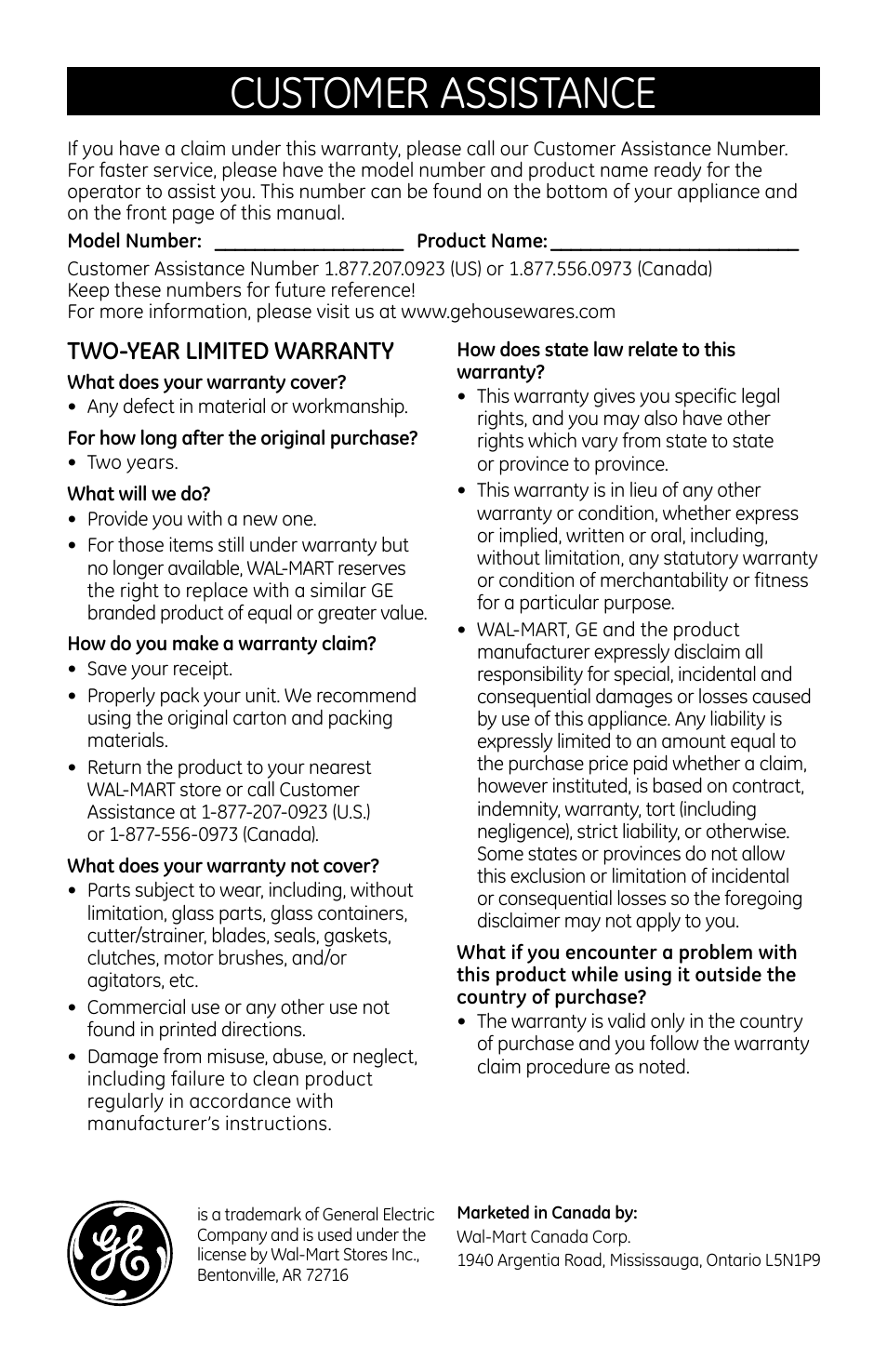 Customer assistance, Two-year limited warranty | GE 169093 User Manual | Page 8 / 8