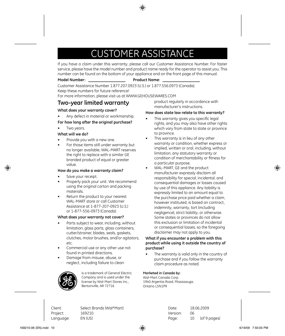 Customer assistance, Two-year limited warranty | GE 169120 User Manual | Page 10 / 10