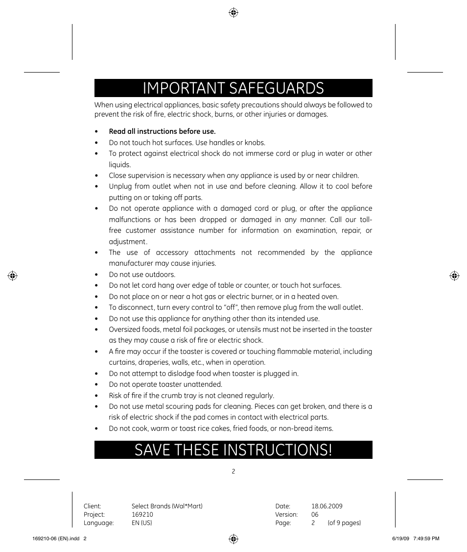 Important safeguards, Save these instructions | GE 169120 User Manual | Page 2 / 10