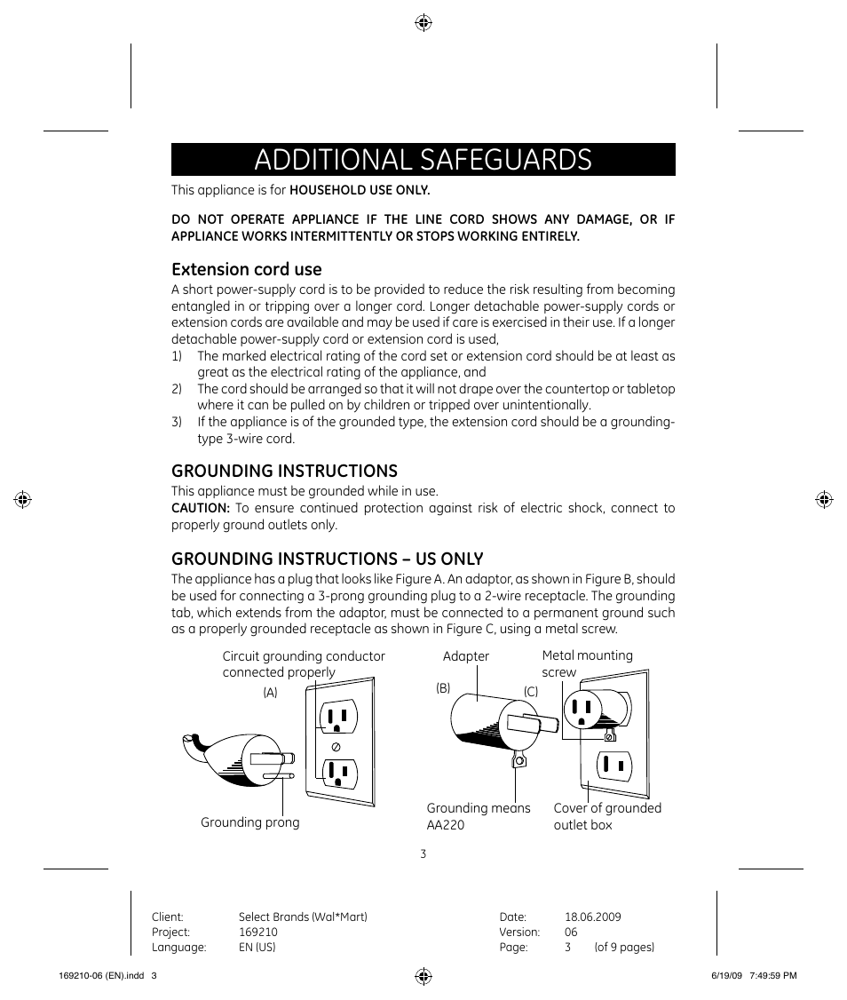 Additional safeguards, Extension cord use, Grounding instructions | Grounding instructions – us only | GE 169120 User Manual | Page 3 / 10