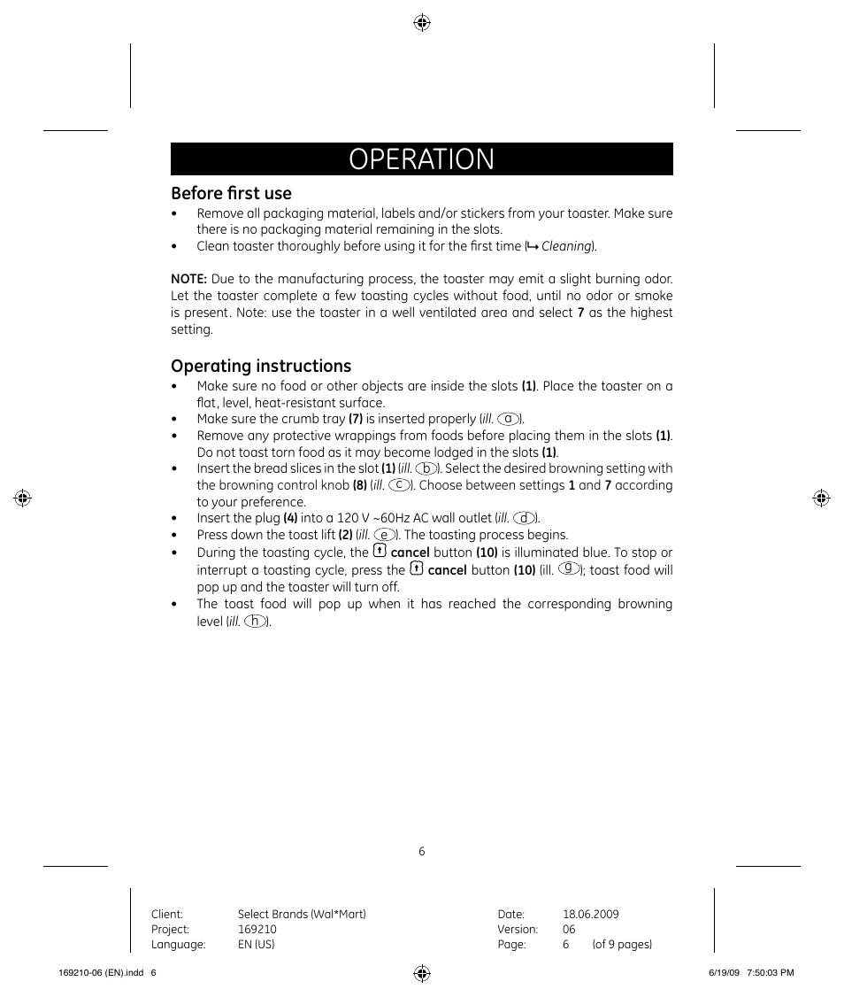 Operation, Before first use, Operating instructions | GE 169120 User Manual | Page 6 / 10