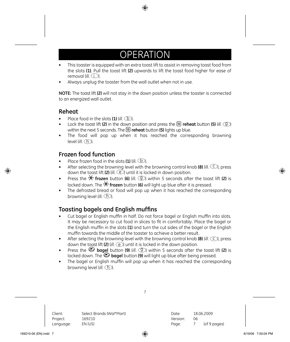 Operation, Reheat, Frozen food function | Toasting bagels and english muffins | GE 169120 User Manual | Page 7 / 10