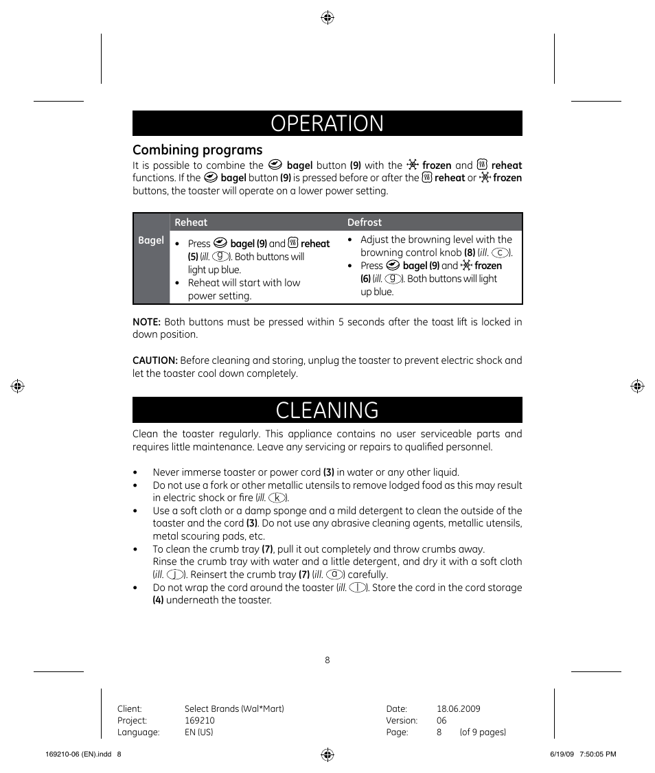 Operation, Cleaning, Combining programs | GE 169120 User Manual | Page 8 / 10