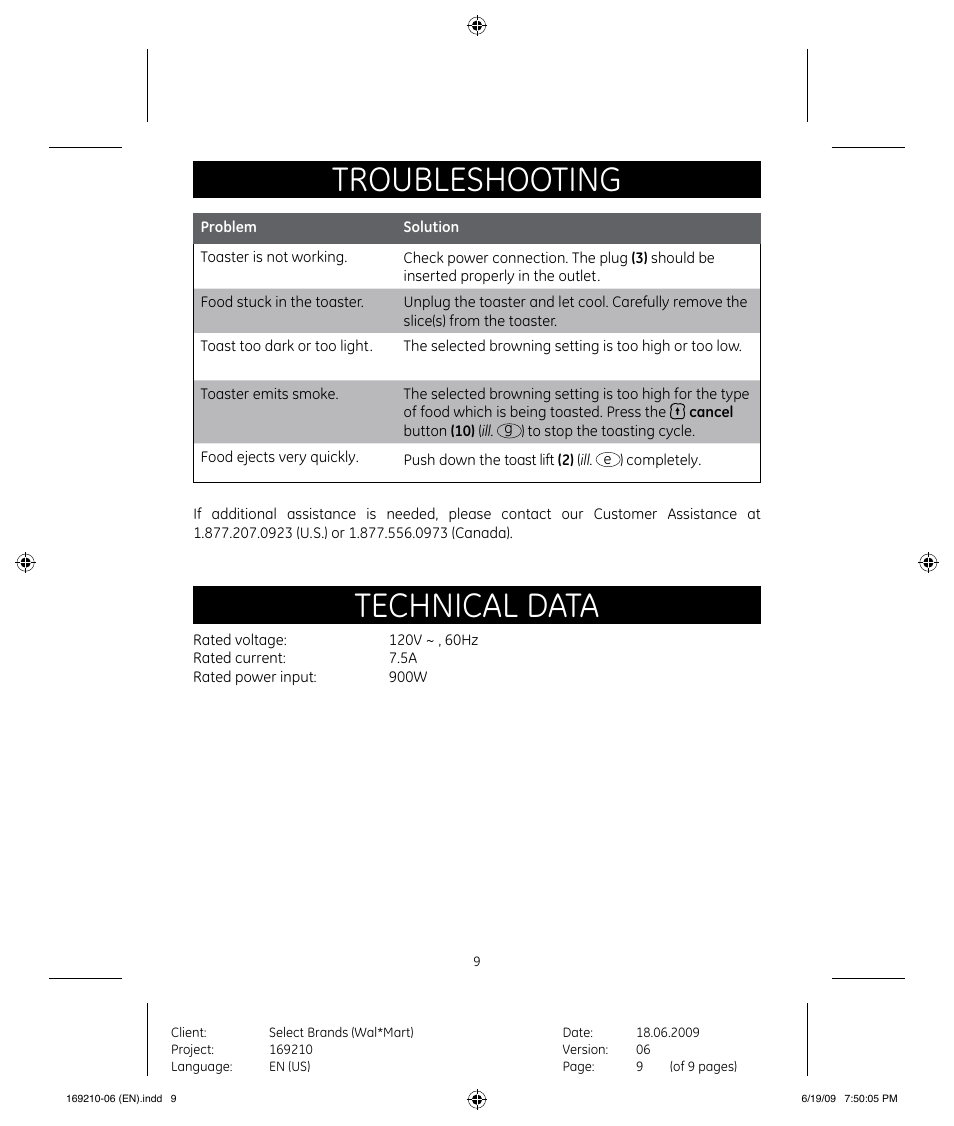 Troubleshooting, Technical data | GE 169120 User Manual | Page 9 / 10