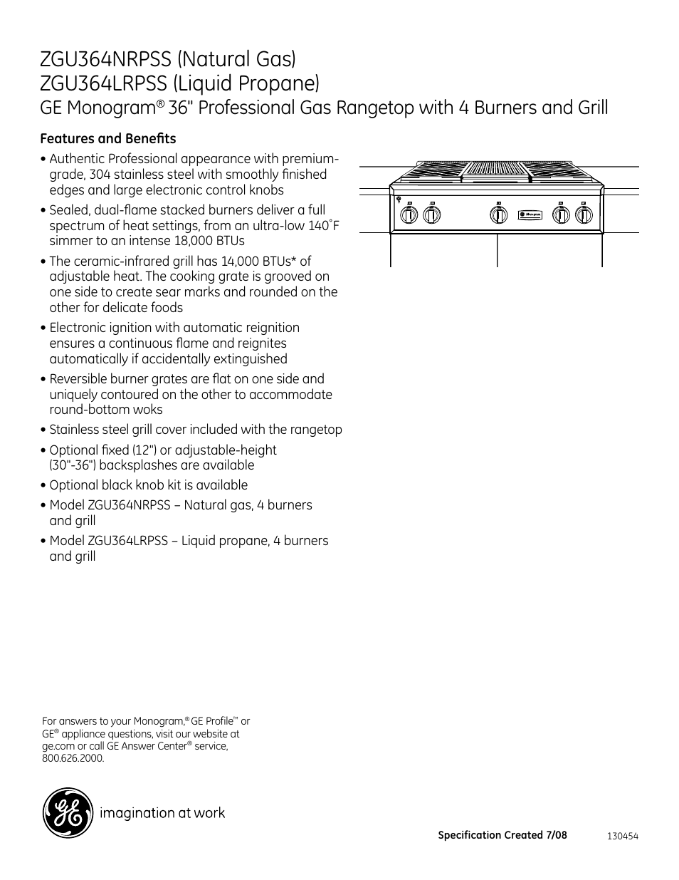 Ge monogram, Features and benefits, Zgu364nrp | GE Monogram ZGU364LRPSS User Manual | Page 3 / 3