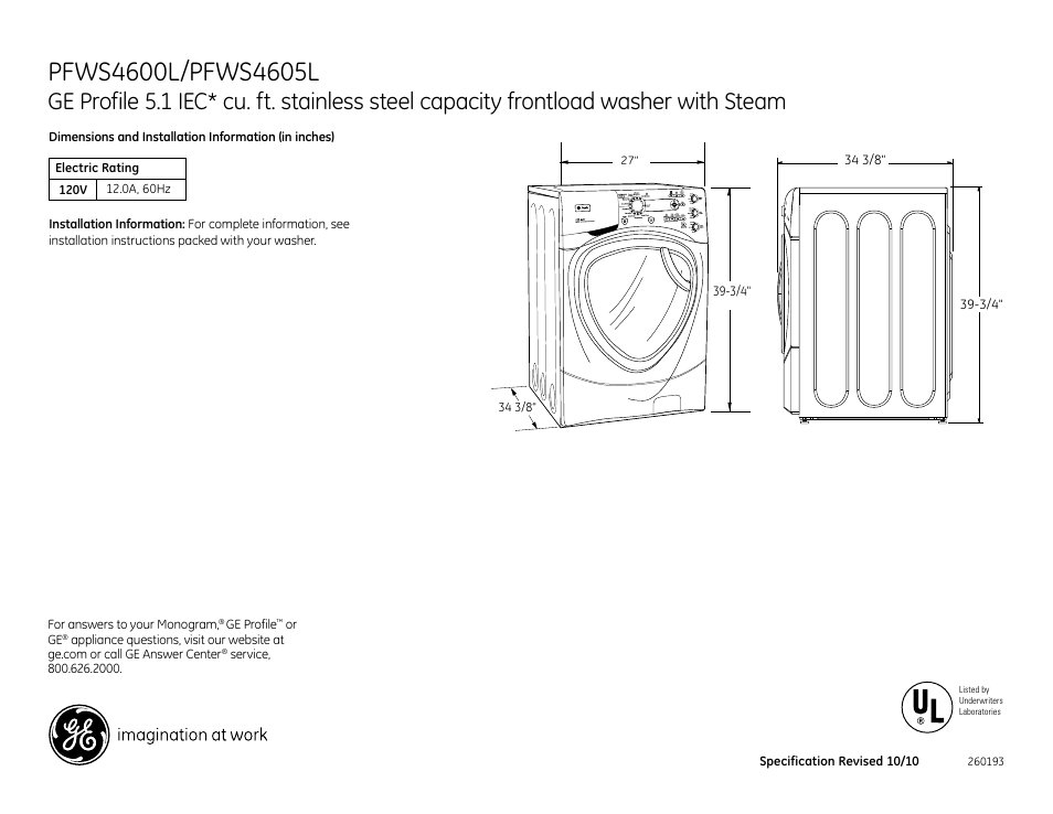 GE Profile PFWS4600LWW User Manual | 3 pages