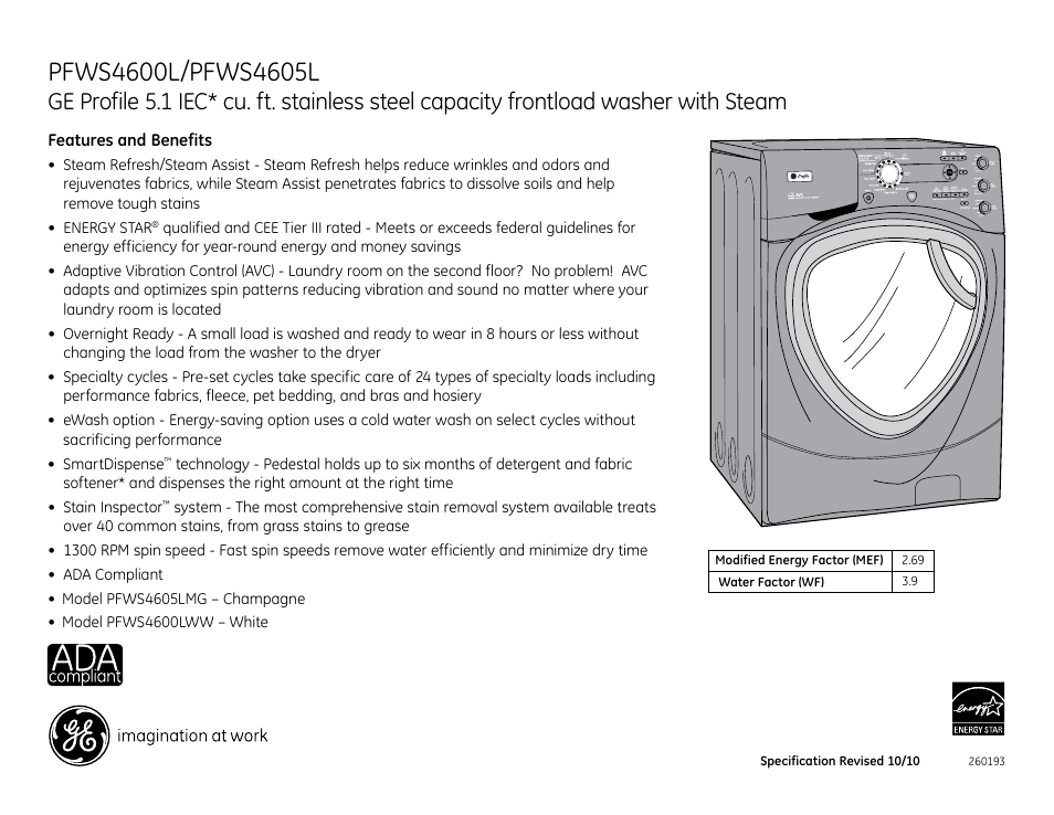 GE Profile PFWS4600LWW User Manual | Page 3 / 3