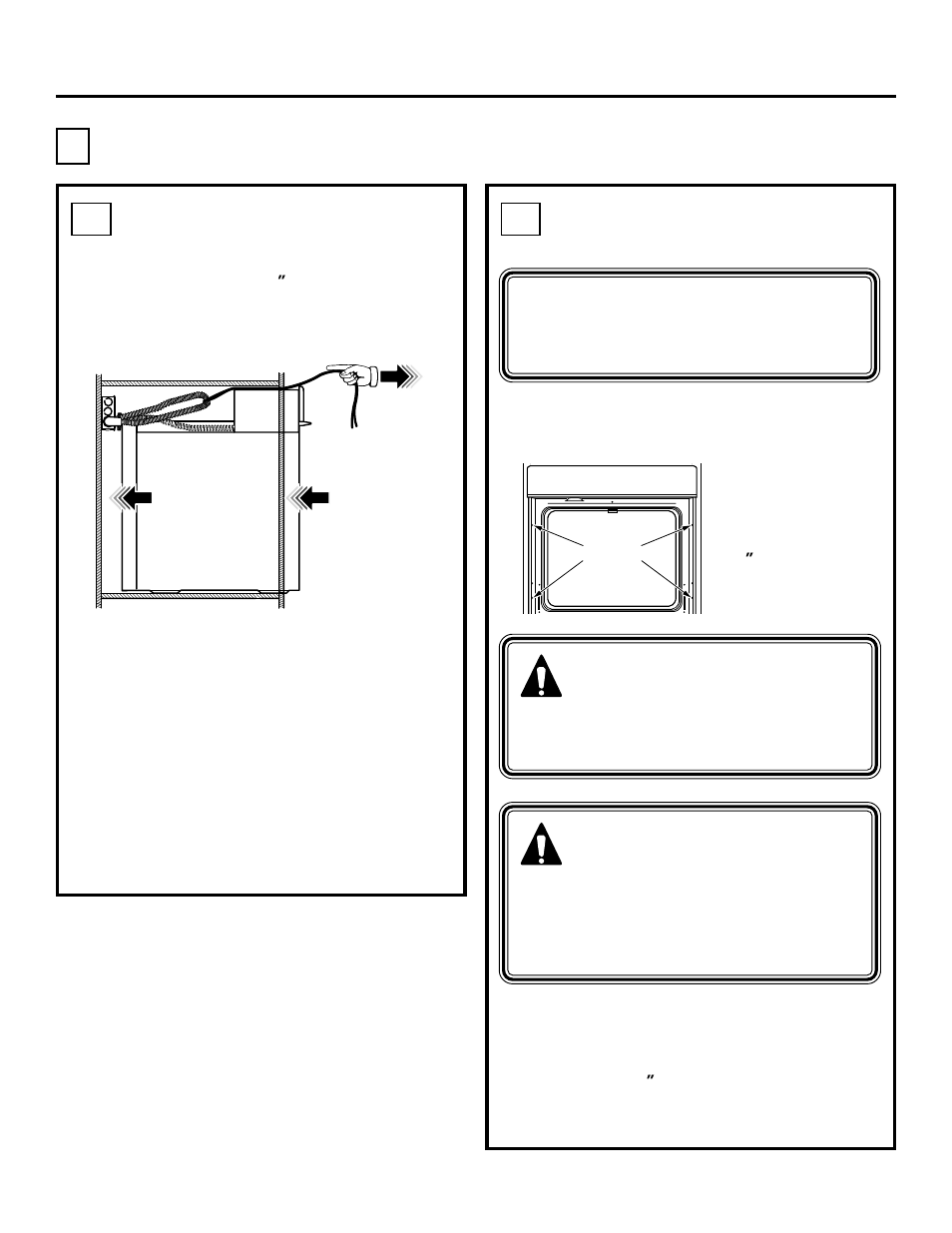 Securing the oven in the opening, Sliding the oven into the opening, Drilling the pilot holes and mounting the oven | Installation instructions, Warning, Avertissement, C1 c2 | GE ZET2 User Manual | Page 12 / 16