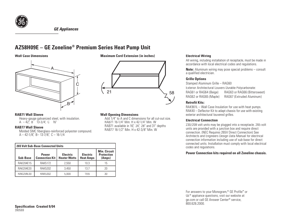 GE Zoneline AZ58H09E User Manual | 2 pages