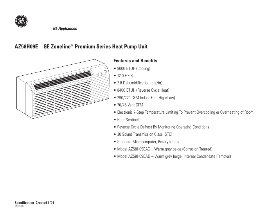 Az58h09e – ge zoneline, Premium series heat pump unit | GE Zoneline AZ58H09E User Manual | Page 2 / 2