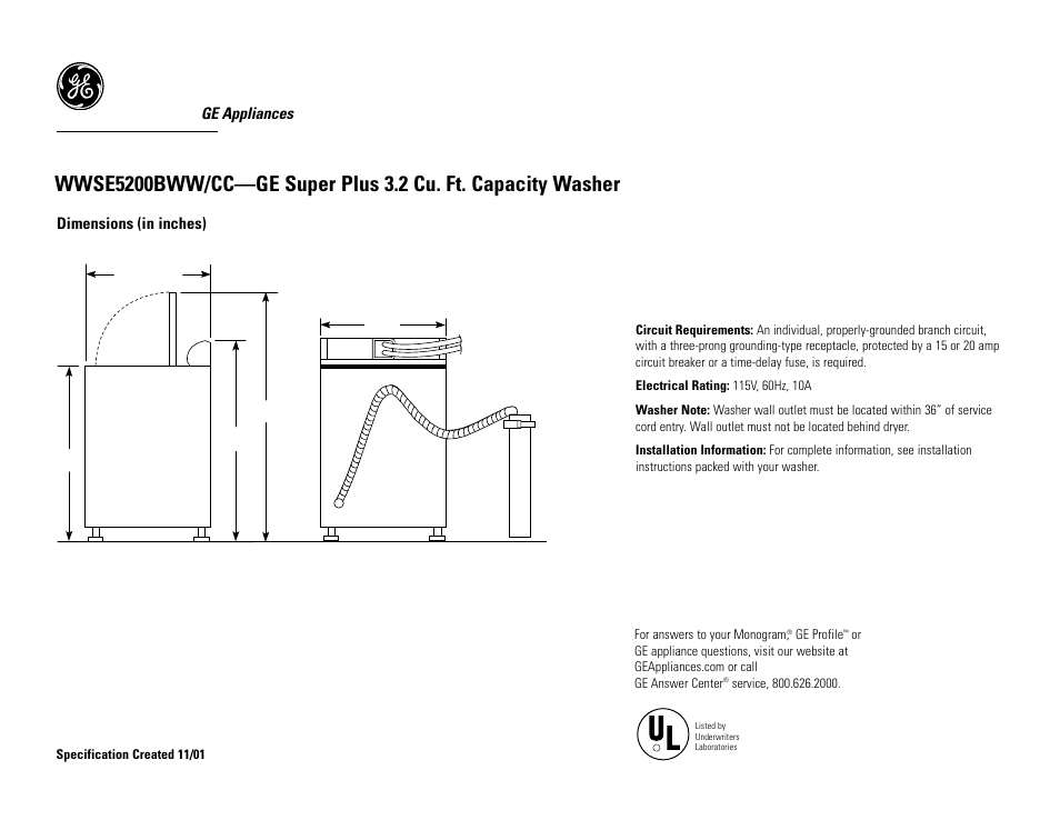 GE WWSE5200BWW User Manual | 2 pages