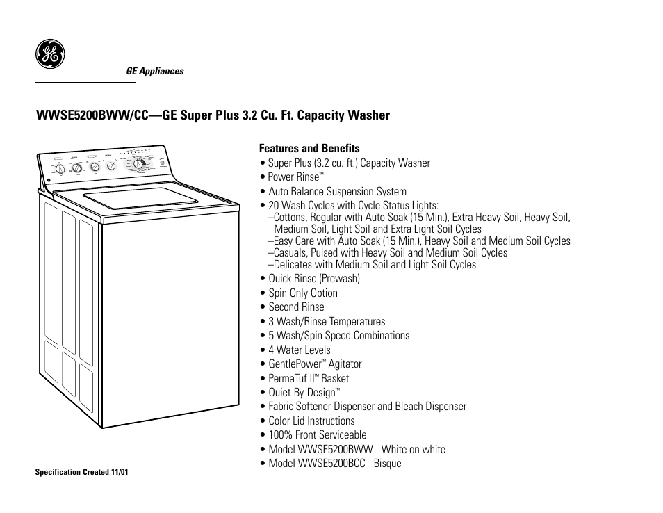 GE WWSE5200BWW User Manual | Page 2 / 2