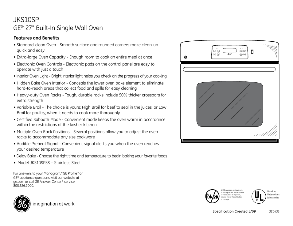 Jks10sp, 27" built-in single wall oven | GE Profile JKS10SP User Manual | Page 3 / 3