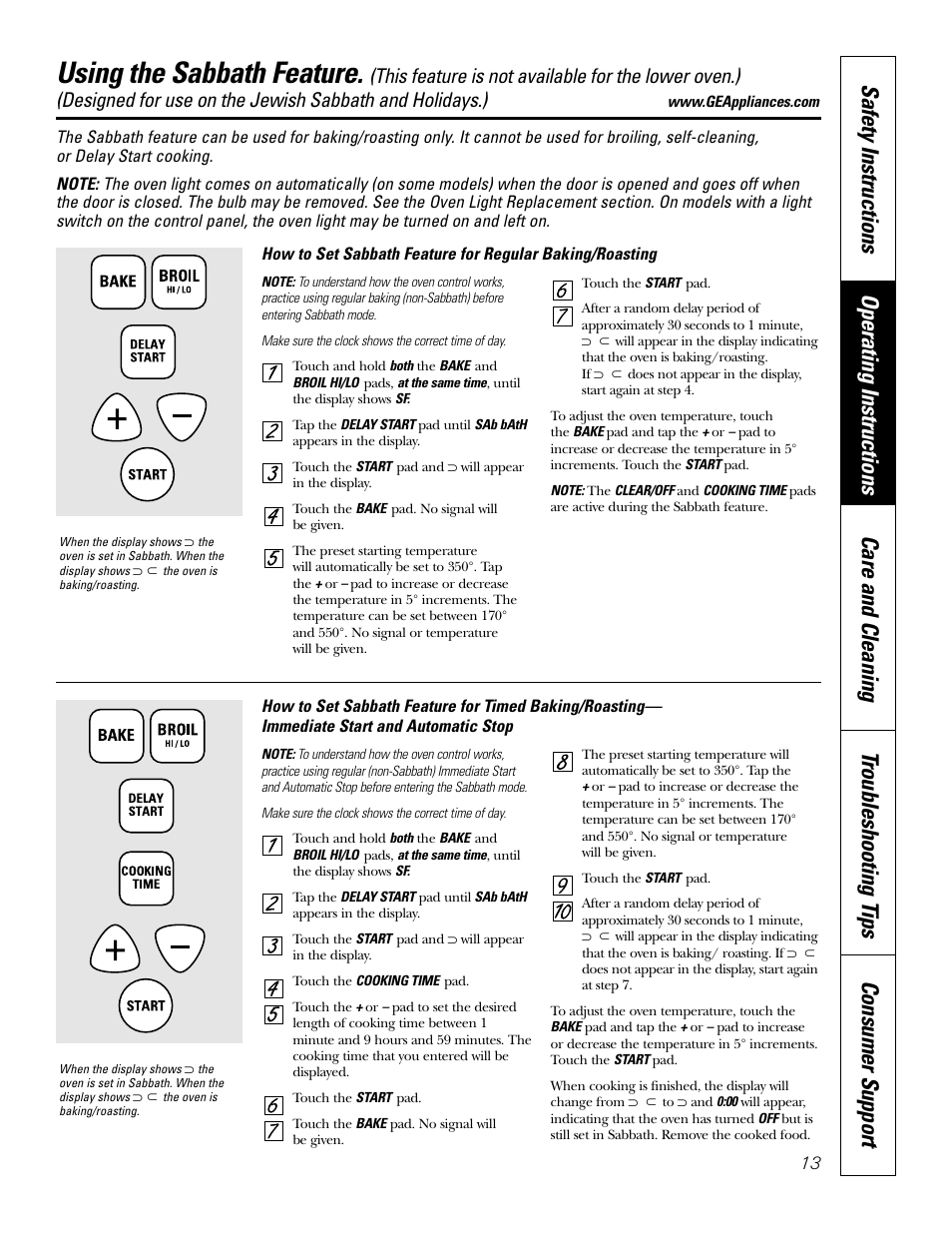 Sabbath feature, Sabbath feature , 14, Using the sabbath feature | GE JRP 28 User Manual | Page 13 / 28