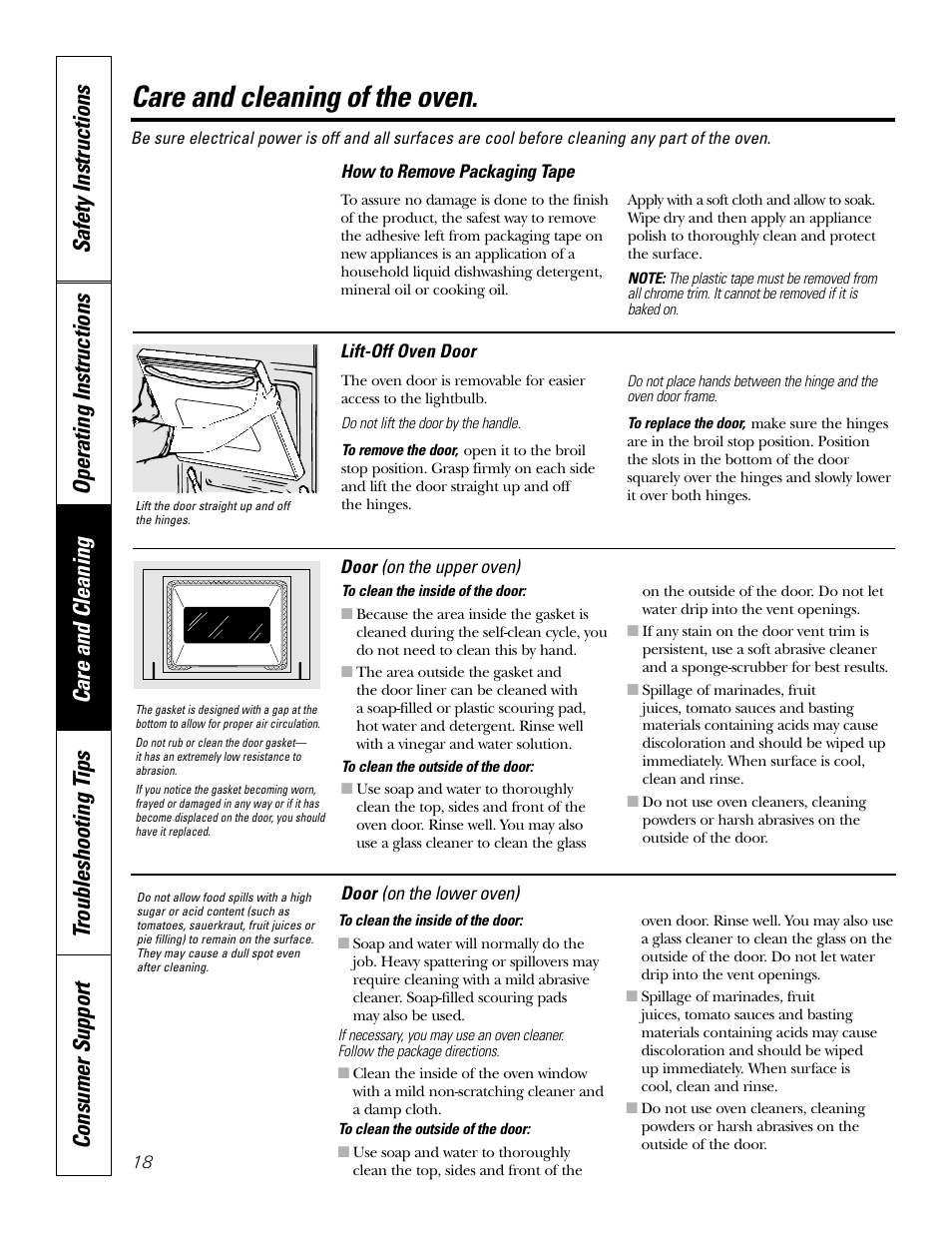 Door, Lift-off oven door, Care and cleaning of the oven | GE JRP 28 User Manual | Page 18 / 28
