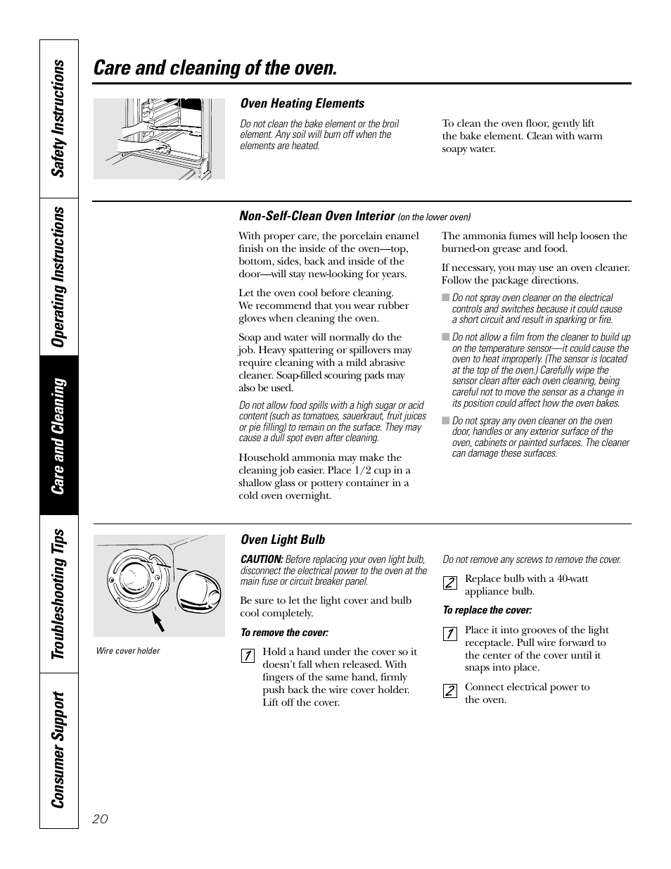 Heating element, Light, Oven interior | Light oven interior, Care and cleaning of the oven | GE JRP 28 User Manual | Page 20 / 28