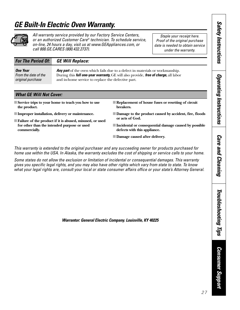 Warranty, Ge built-in electric oven warranty | GE JRP 28 User Manual | Page 27 / 28