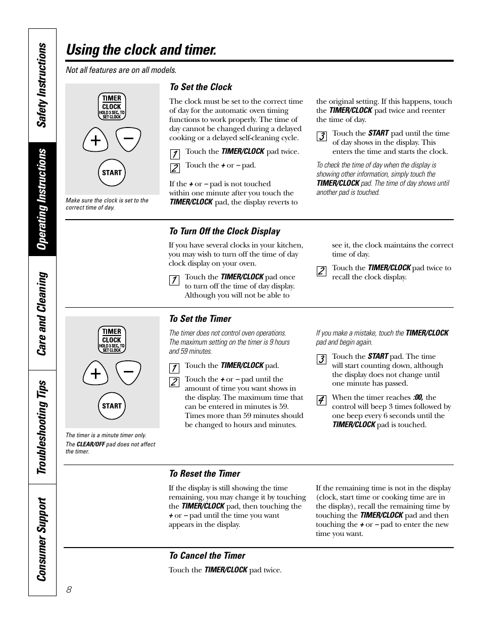 Clock and timer, Using the clock and timer | GE JRP 28 User Manual | Page 8 / 28