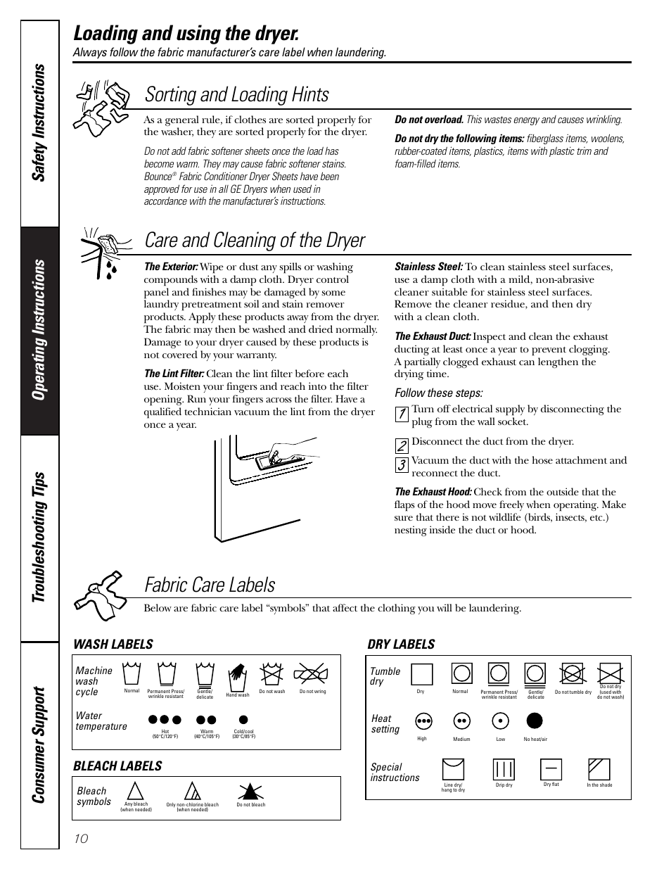 Loading and using the dryer, Sorting and loading hints, Fabric care labels | 32 1 care and cleaning of the dryer, Wash labels dry labels bleach labels, Follow these steps | GE DVLR223 User Manual | Page 10 / 16