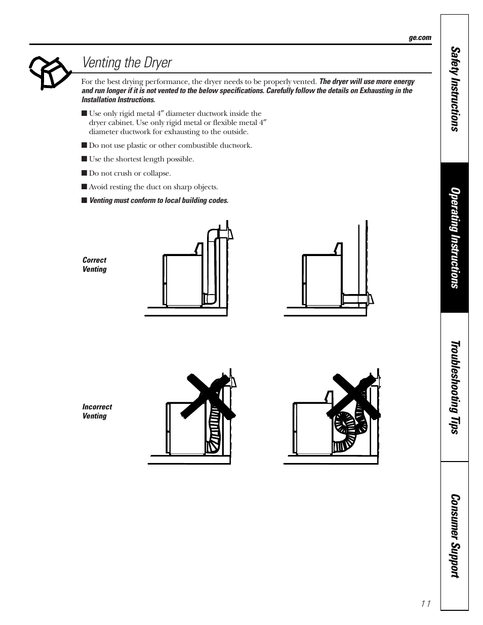 Venting the dryer | GE DVLR223 User Manual | Page 11 / 16