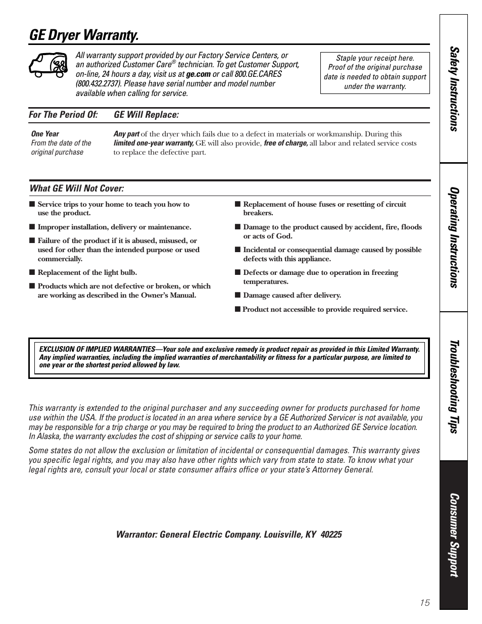 Warranty, Ge dryer warranty | GE DVLR223 User Manual | Page 15 / 16