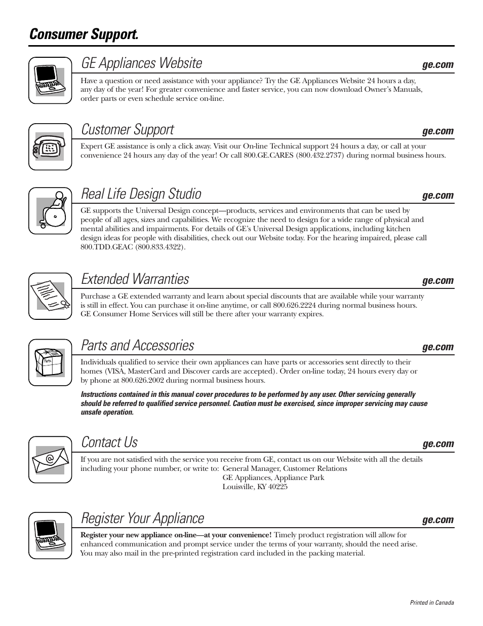 Consumer support, Consumer support . . . . . back cover, Ge appliances website | Customer support, Real life design studio, Extended warranties, Parts and accessories, Contact us, Register your appliance | GE DVLR223 User Manual | Page 16 / 16
