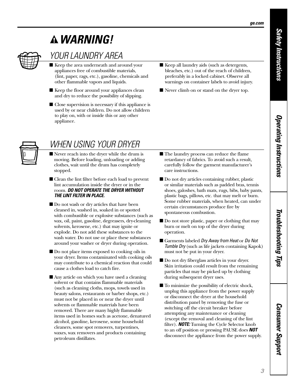 Warning, Your laundry area, When using your dryer | GE DVLR223 User Manual | Page 3 / 16