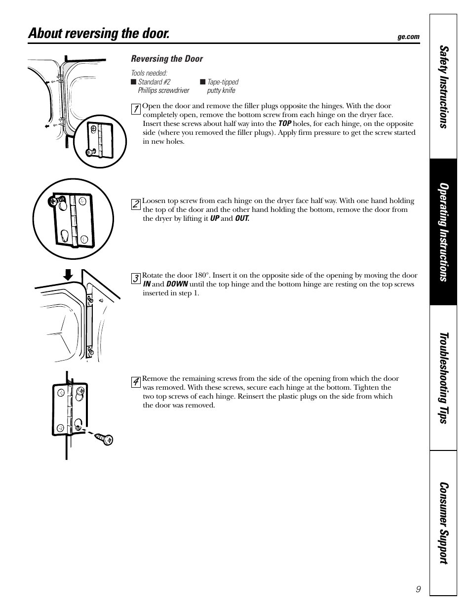 Reversing the door, About reversing the door | GE DVLR223 User Manual | Page 9 / 16