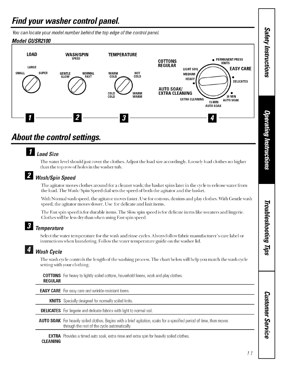 Model gusr2100, Load, Wash/spin | Temperature, I load size, Wash/spin speed, Regular, About the control settings, Find your washer control panel. i | GE GBXR1070 User Manual | Page 11 / 20