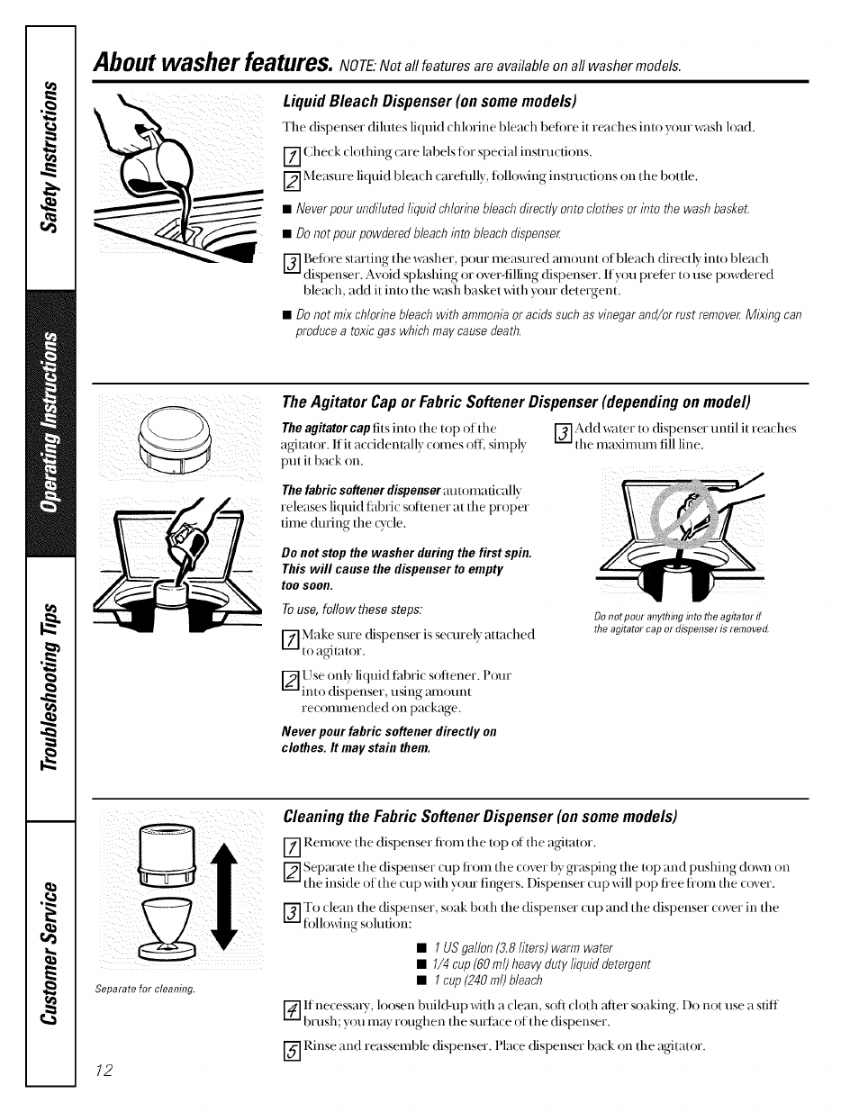 Liquid bieach dispenser (on some models), About washer features | GE GBXR1070 User Manual | Page 12 / 20