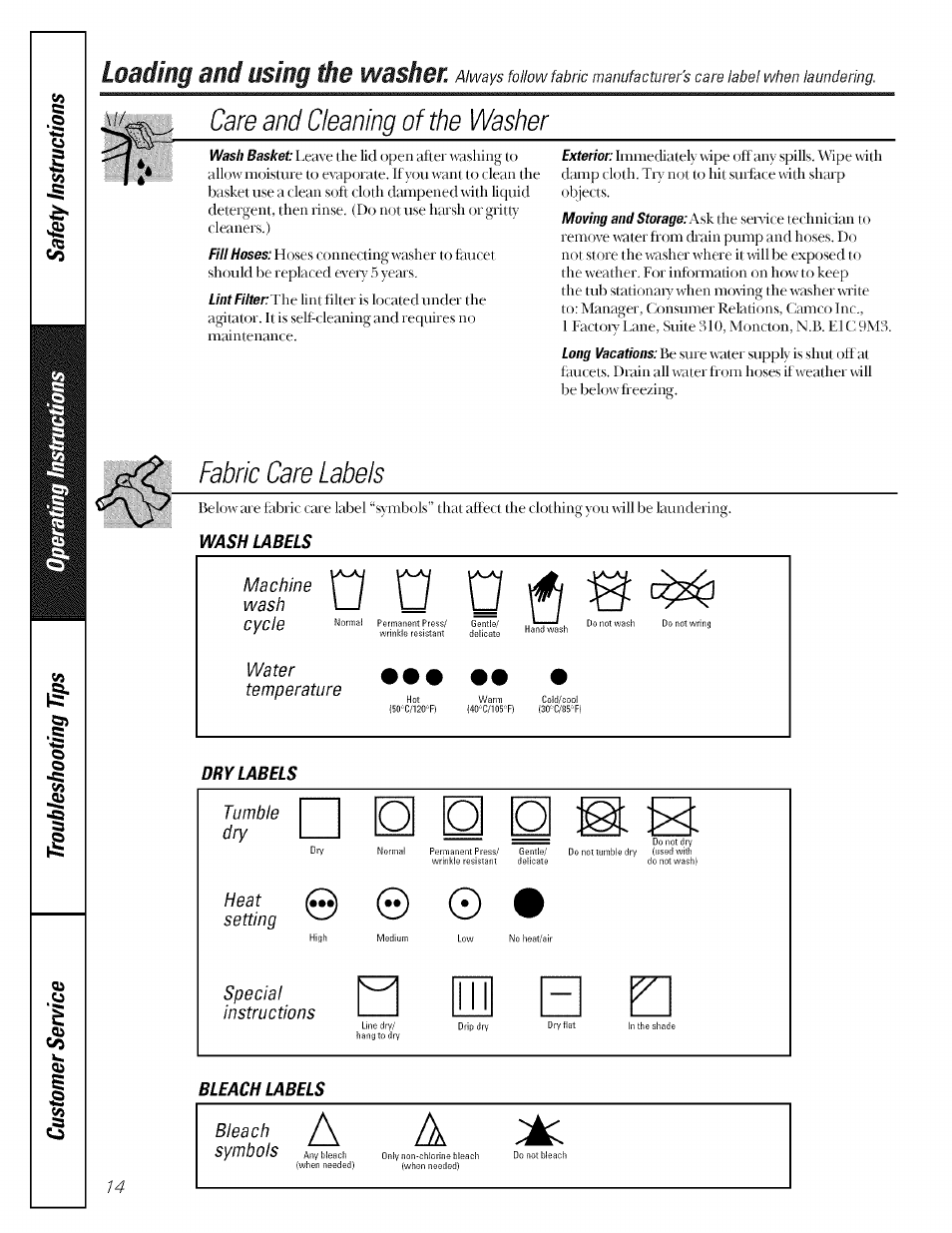 Care and cleaning of the washer, Loading and using the washer | GE GBXR1070 User Manual | Page 14 / 20