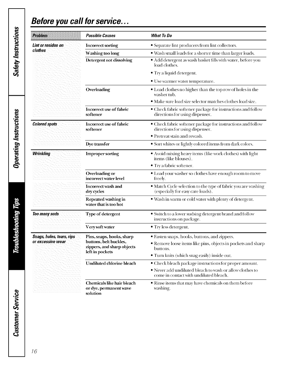 Before you call for service | GE GBXR1070 User Manual | Page 16 / 20