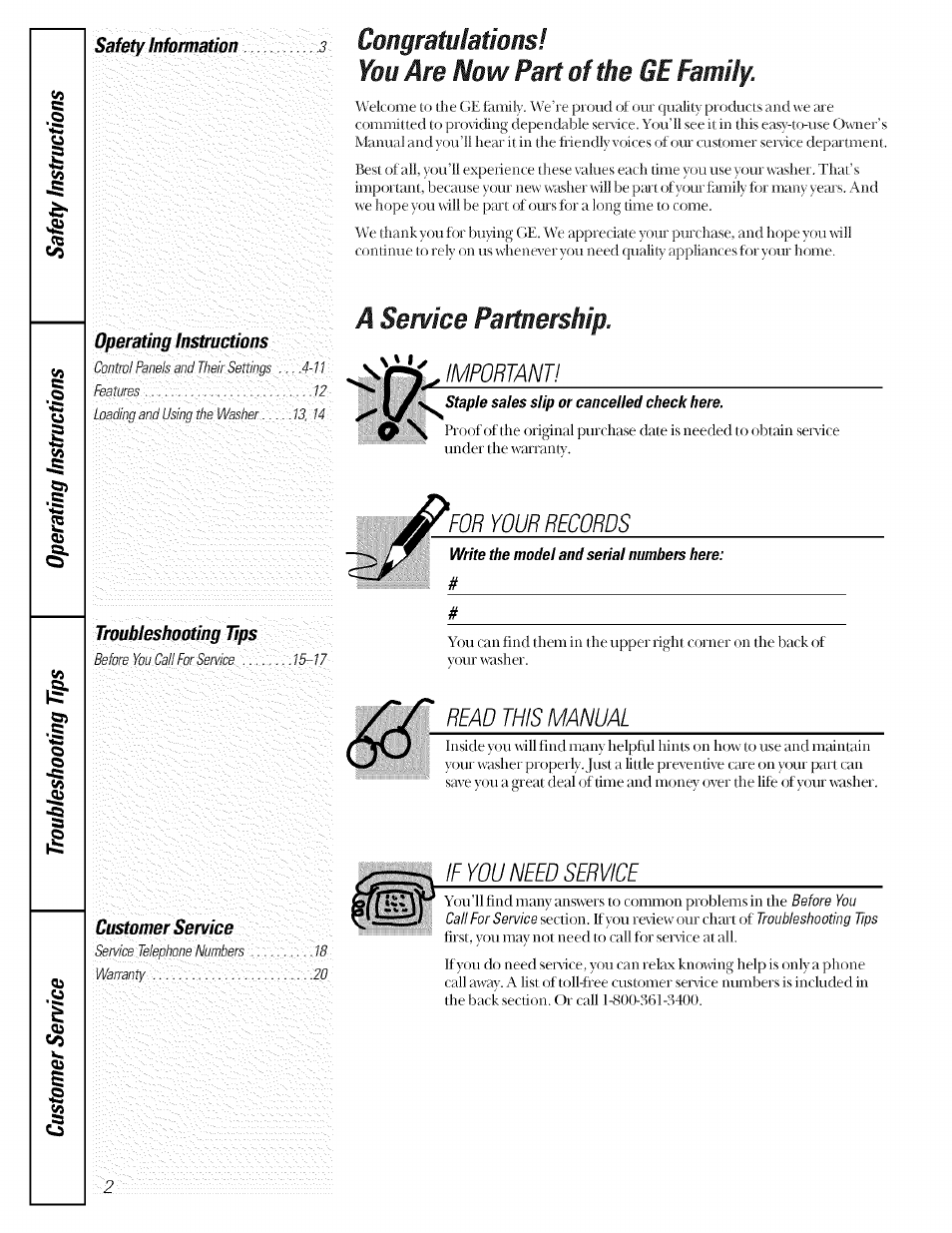 A serwice partnership, Safety information operating instructions, Troubleshooting tips | Customer service | GE GBXR1070 User Manual | Page 2 / 20
