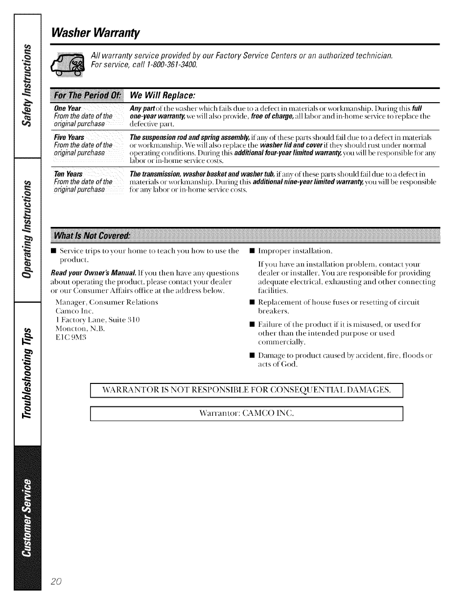 Washer warranty | GE GBXR1070 User Manual | Page 20 / 20